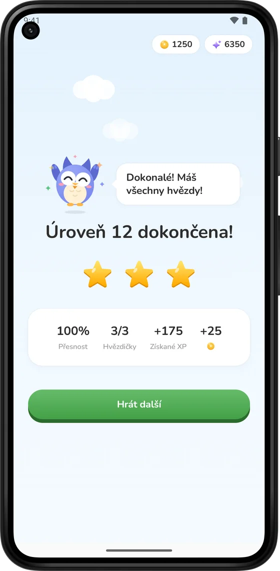 Obrazovka dokončené úrovně se třemi hvězdami a mincemi