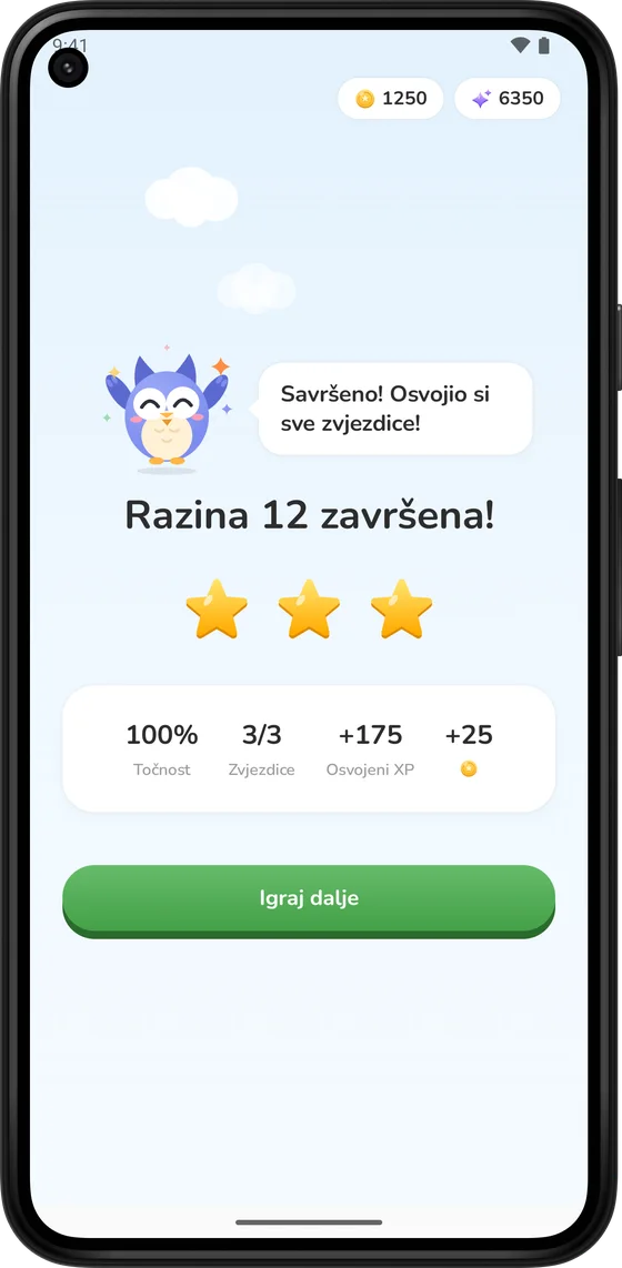 Zaslon završetka razine s tri zvjezdice i novčićima
