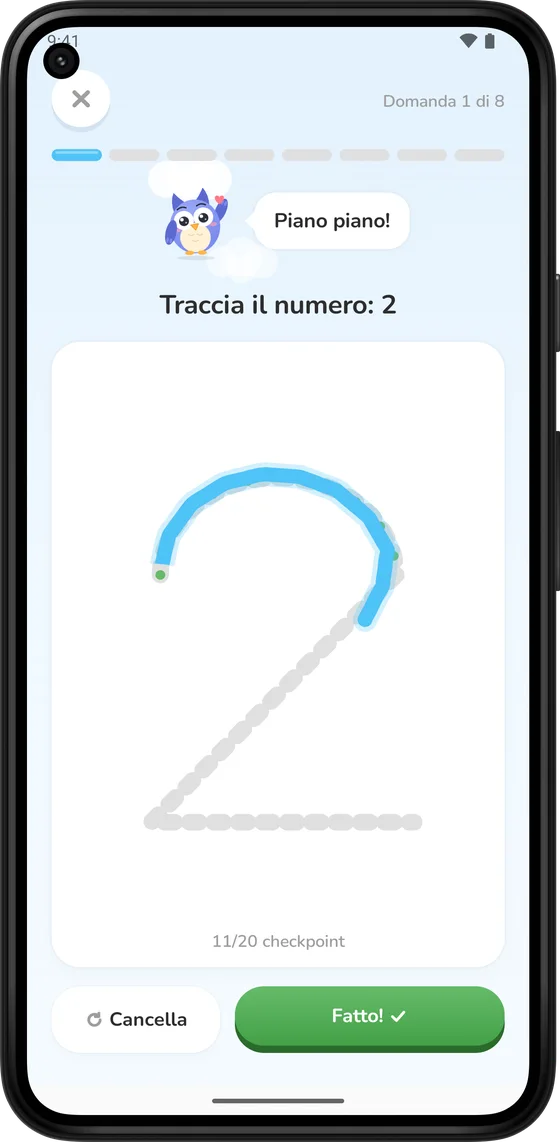 Ripasso del numero 2 con il dito in Math Learner