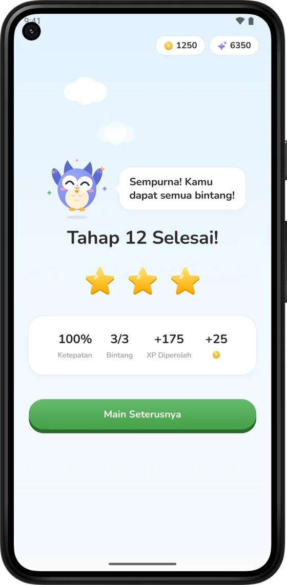Skrin tahap selesai dengan tiga bintang dan syiling