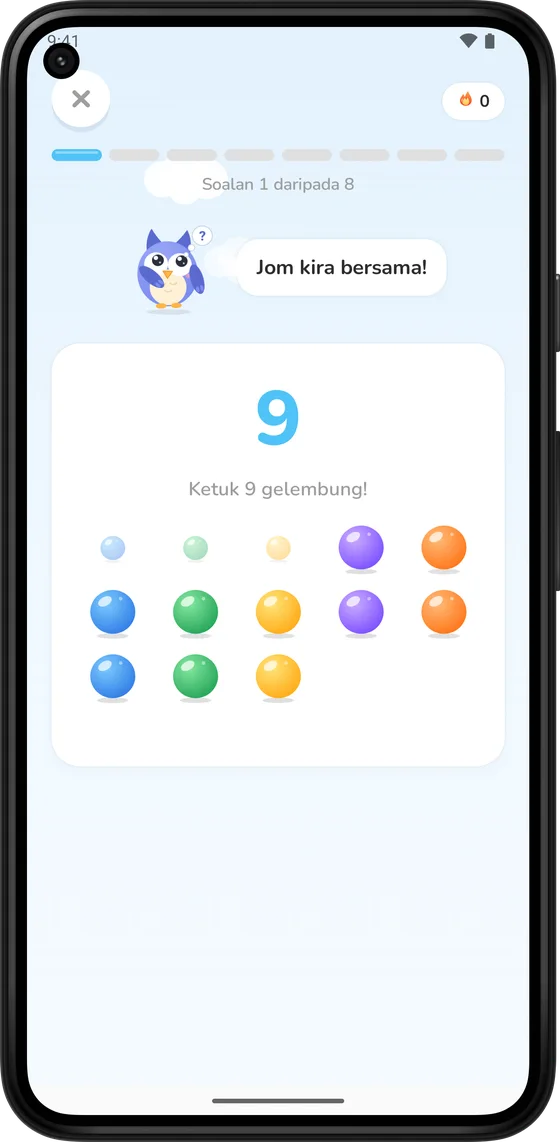 Mengira gelembung berwarna-warni dalam Math Learner