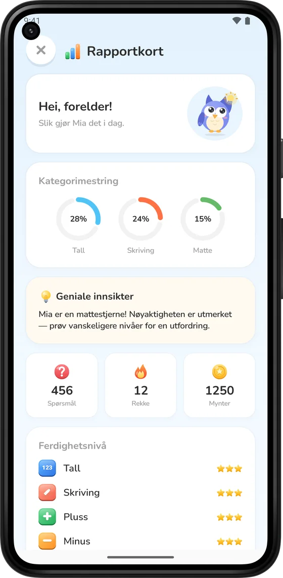 Rapportkortet for foreldre, som viser fremgang per ferdighet