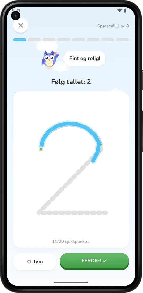 Å skrive tallet 2 med fingeren i Math Learner