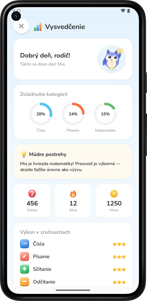 Vysvedčenie pre rodičov s pokrokom podľa zručností